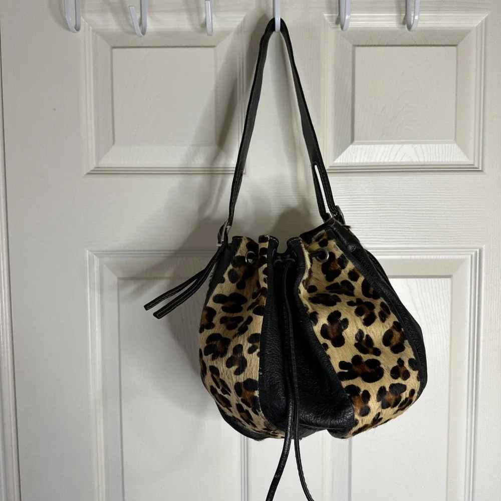 Divina Firenze Calf Hair Leopard Print Pouch Drawstring Bucket Bag Italy